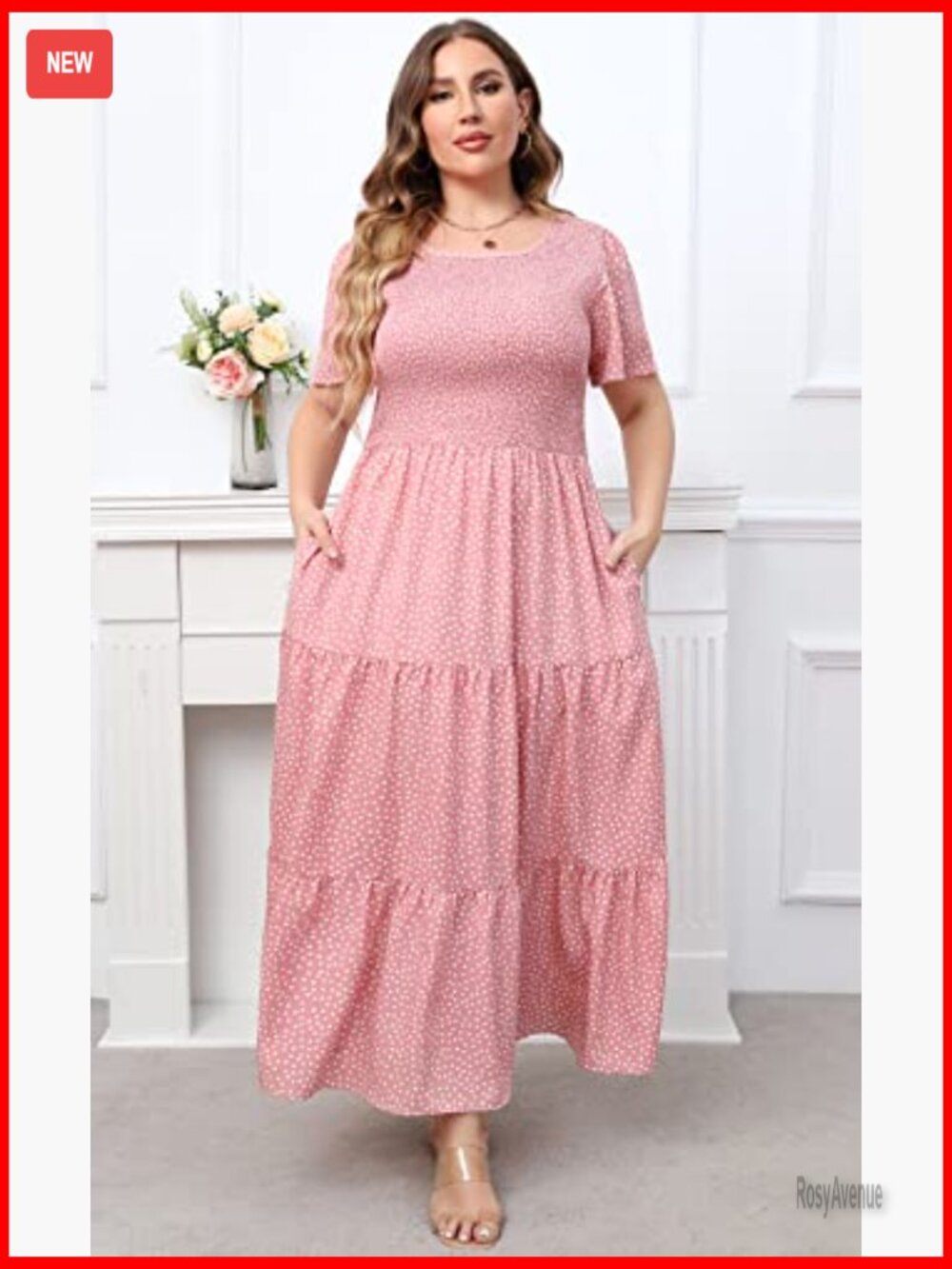 Plus Size Maxi Dress with Pockets Floral Smocked Tiered Layers Flutter Sleeves - Picture 6 of 7